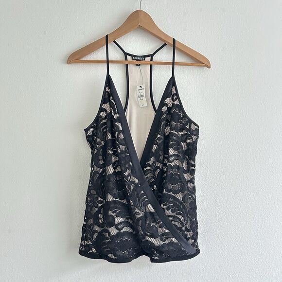 NWT Express Black Lace Deep V Tank Top Halter Lined Size M - Picture 1 of 10